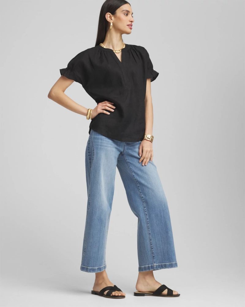 Chicos Linen Flutter-Sleeve Popover Top - BLACK