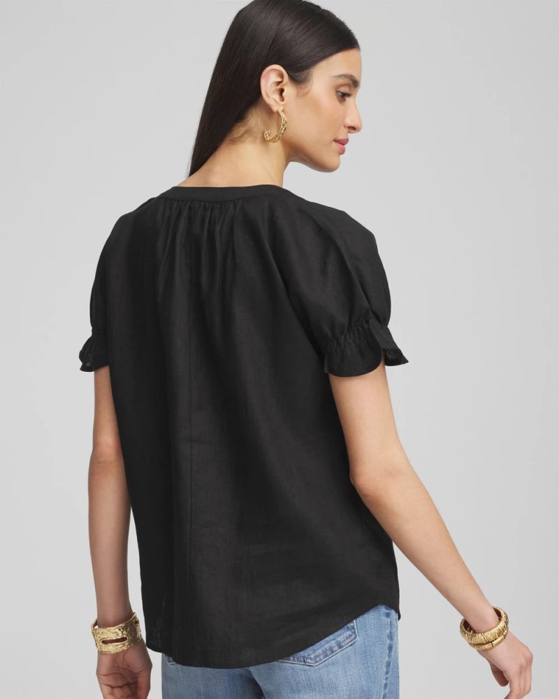Chicos Linen Flutter-Sleeve Popover Top - BLACK