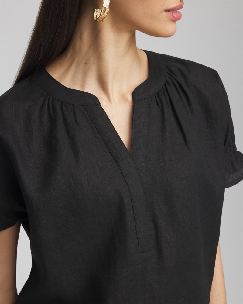 Chicos Linen Flutter-Sleeve Popover Top - BLACK