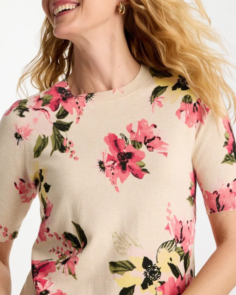 Chicos Ella Crewneck Floral Pullover Sweater - HOT HONEYSUCKLE