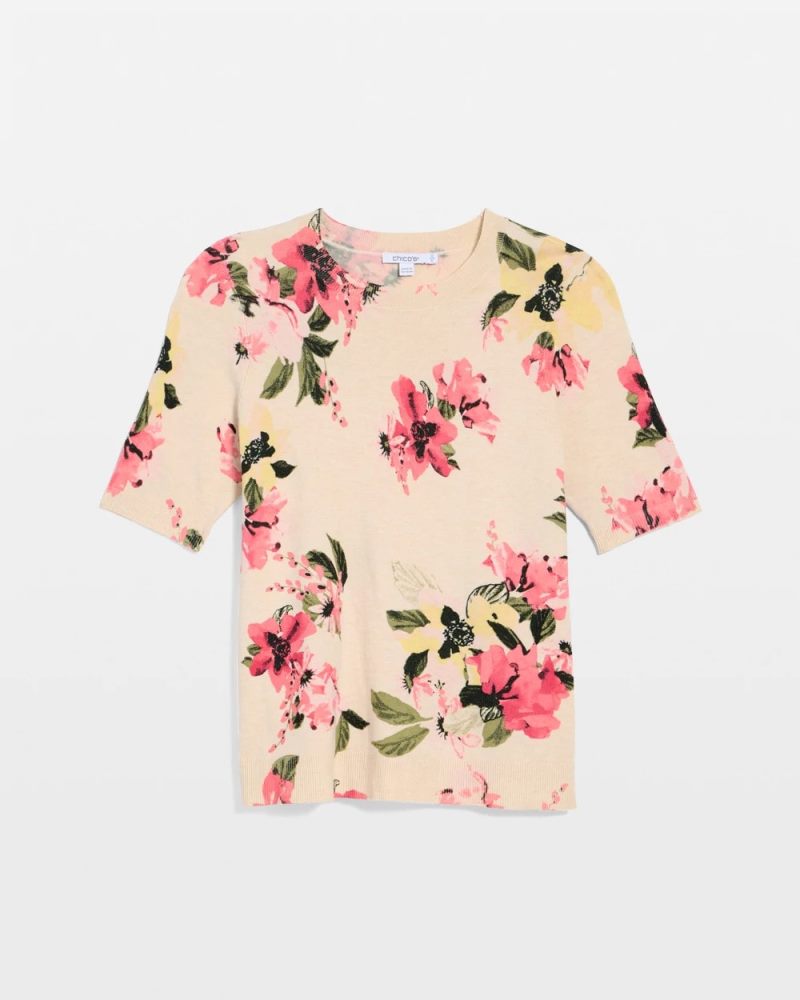 Chicos Ella Crewneck Floral Pullover Sweater - HOT HONEYSUCKLE