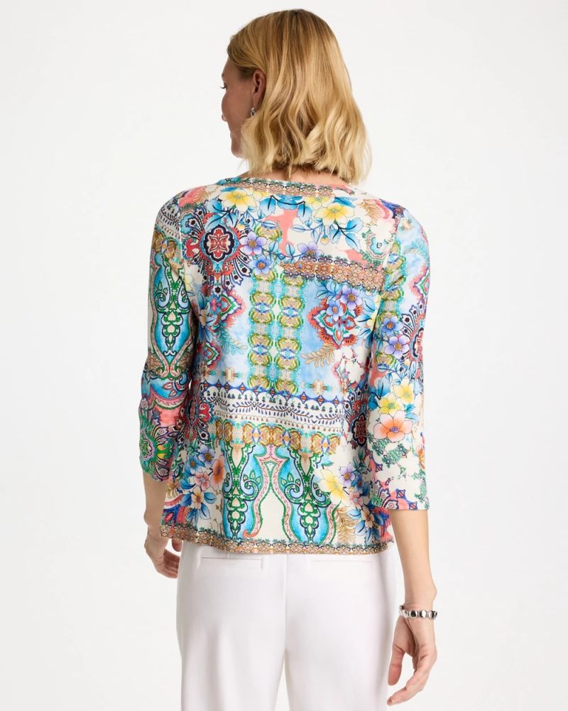 Chicos PrintedPima 3/4 Sleeve Tee - HOT HONEYSUCKLE
