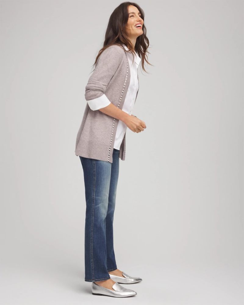 Chicos Cashmere Pearl-Trim Cardigan - TAUPE HEATHER