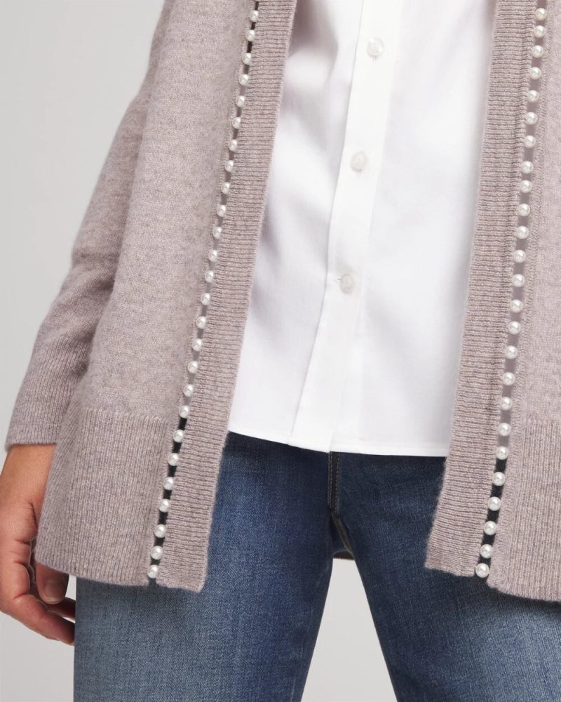Chicos Cashmere Pearl-Trim Cardigan - TAUPE HEATHER