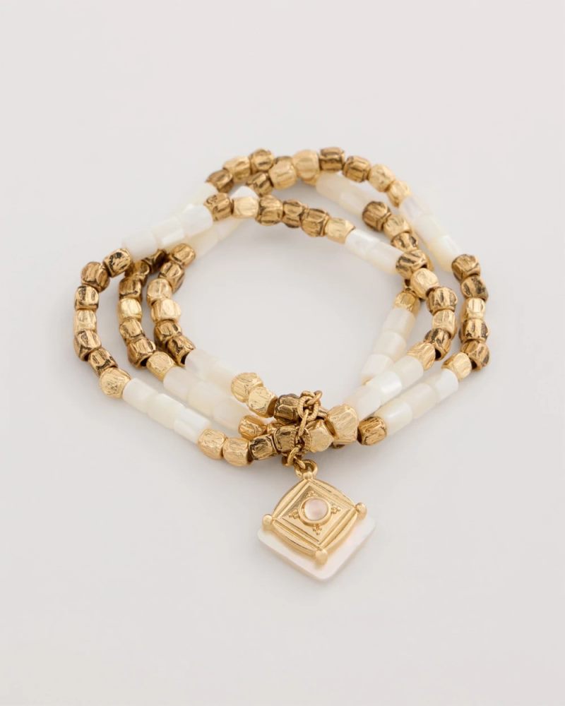 Chicos Set of 3 Pearl Treasure Stretch Bracelets - GOLD
