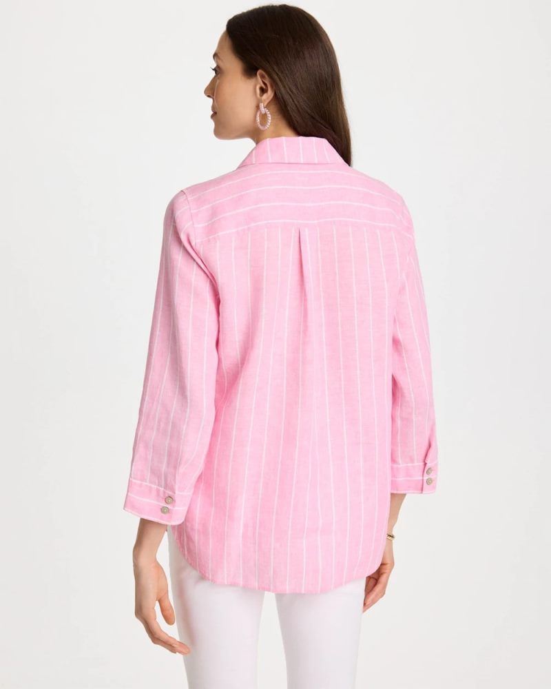 Chicos No Iron Linen Striped Shirt - PINK PANSY