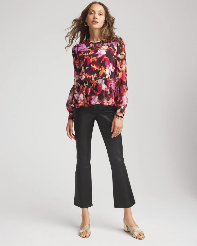 Chicos Printed Chiffon Peplum Top - BLACK