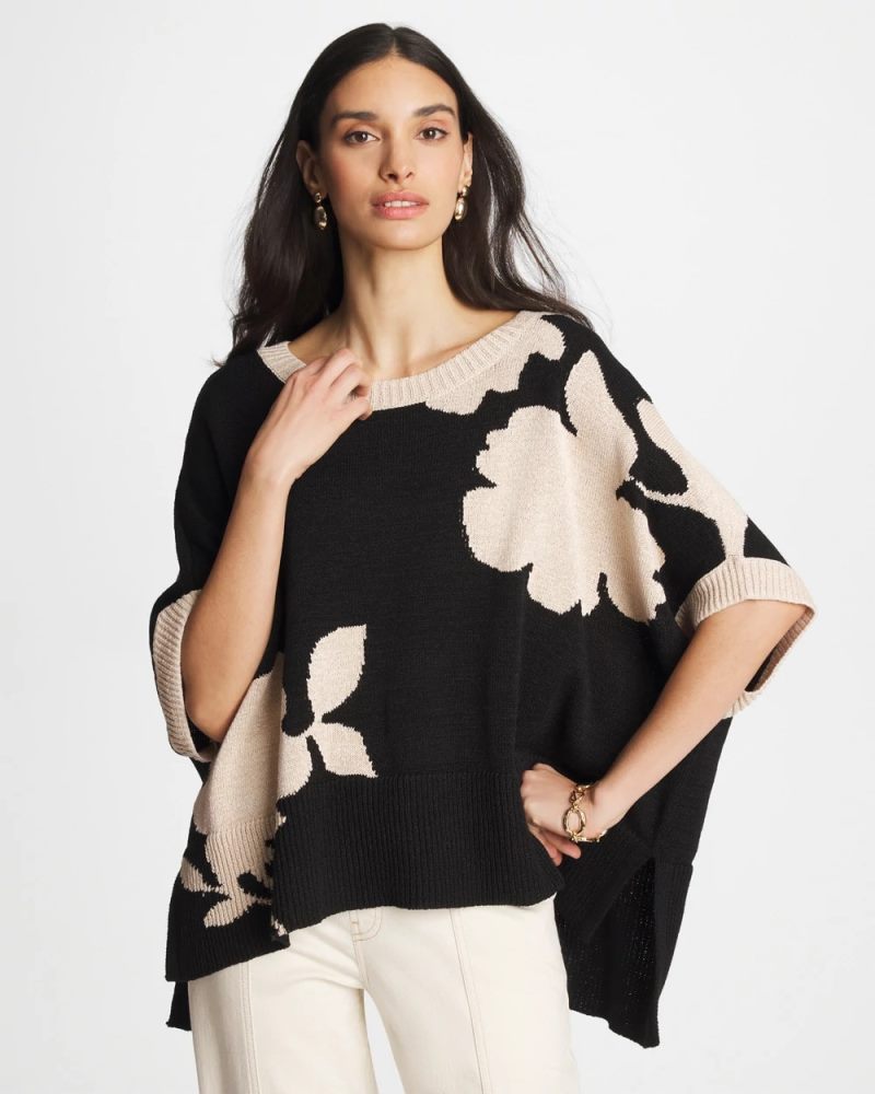 Chicos Kansai Bloom Intarsia Poncho - BLACK