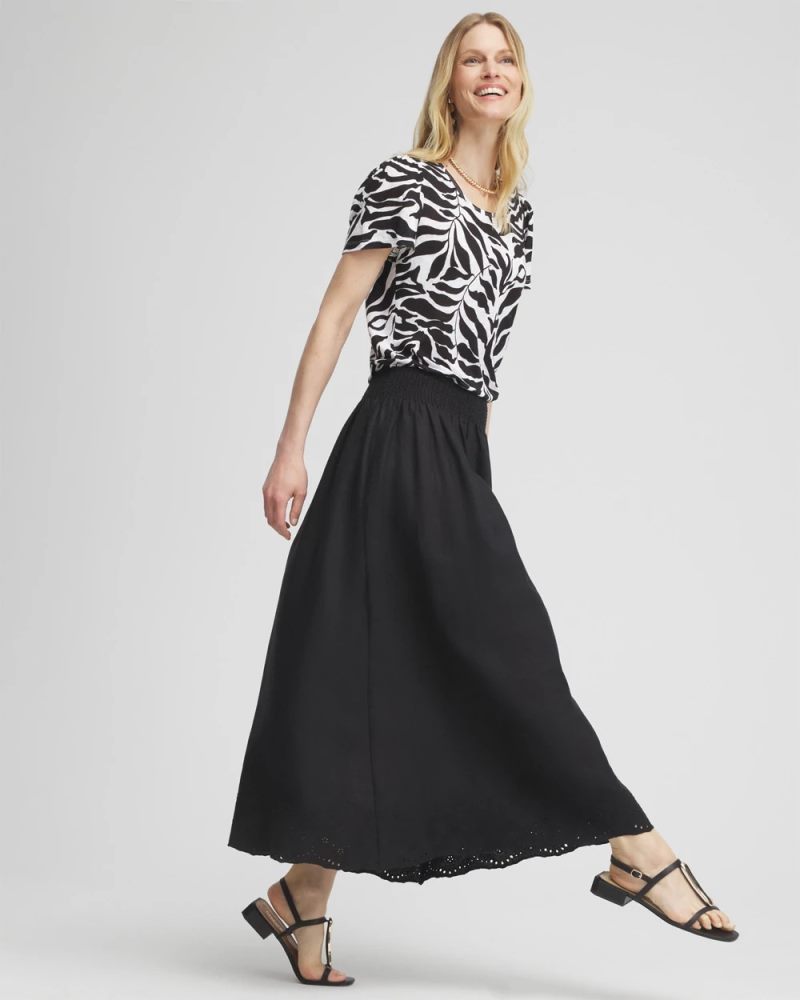 Chicos Linen Embroidered Scallop Hem Skirt - BLACK