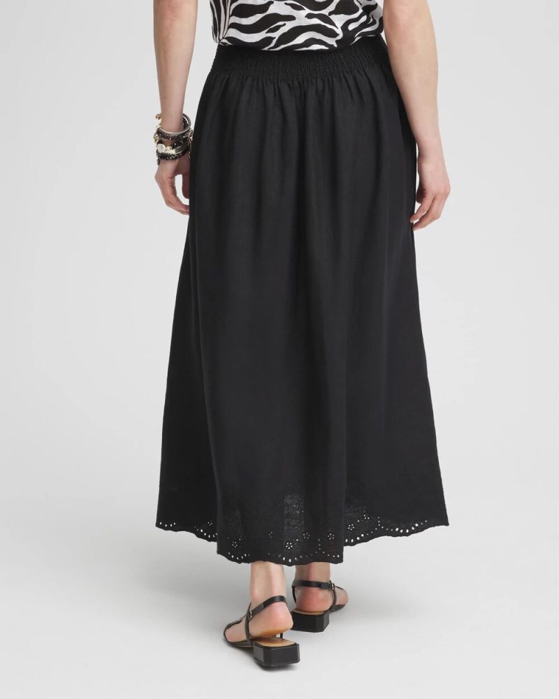 Chicos Linen Embroidered Scallop Hem Skirt - BLACK