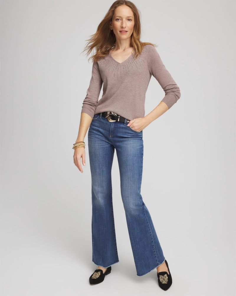 Chicos Ella Embellished V-Neck Sweater - TAUPE HEATHER