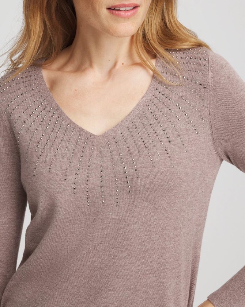 Chicos Ella Embellished V-Neck Sweater - TAUPE HEATHER