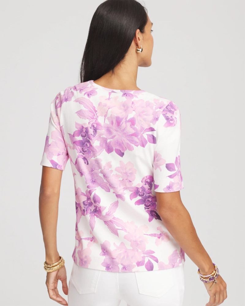 Chicos Tropical Floral Pima Crewneck Tee - ALABASTER
