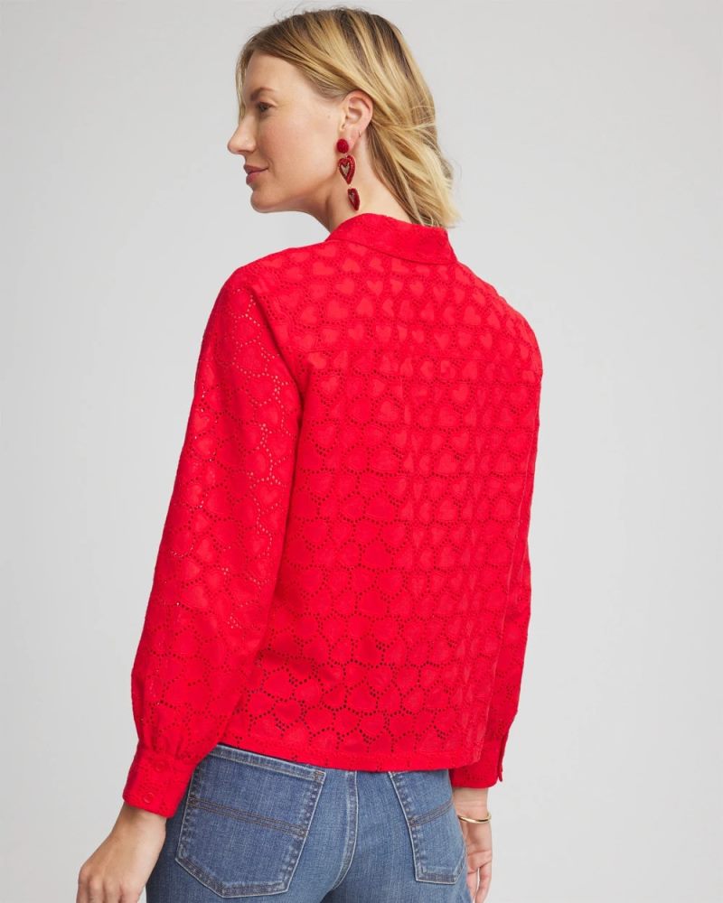 Chicos Heart Eyelet Button Down Shirt - LOVE LETTER RED