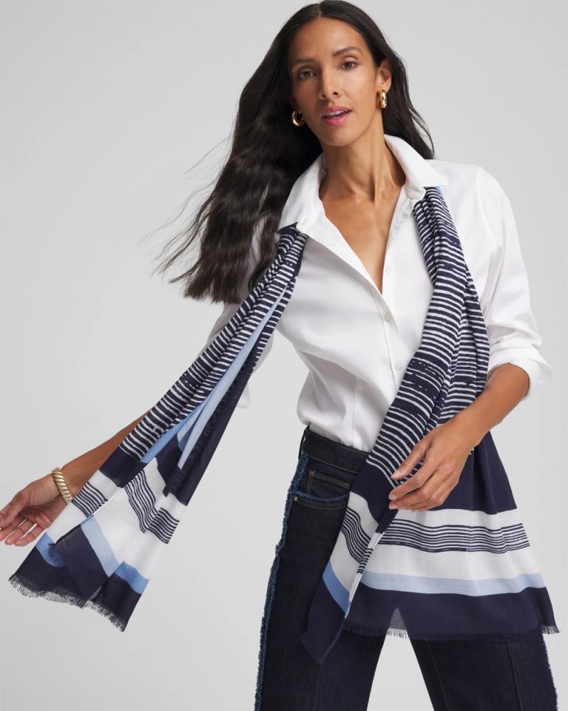 Chicos Printed Woven Oblong Scarf - PASSPORT BLUE