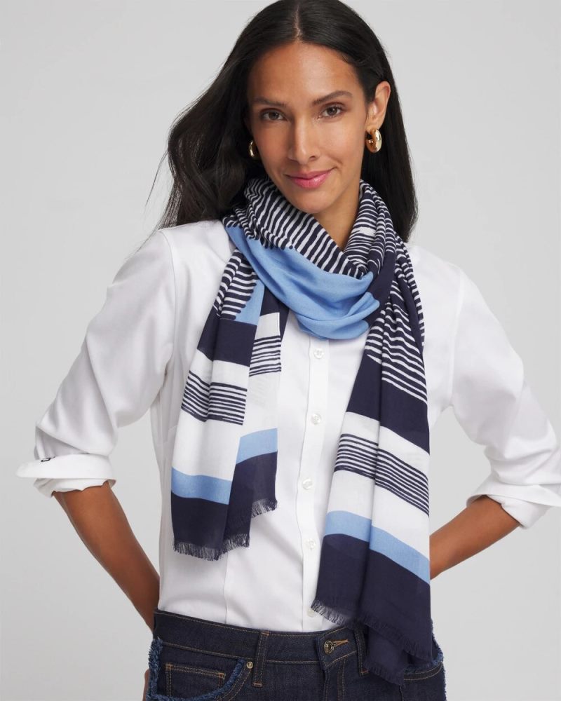 Chicos Printed Woven Oblong Scarf - PASSPORT BLUE