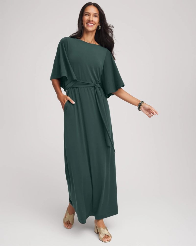 Chicos Belted Flutter-Sleeve Maxi Dress - DARKEST SPRUCE
