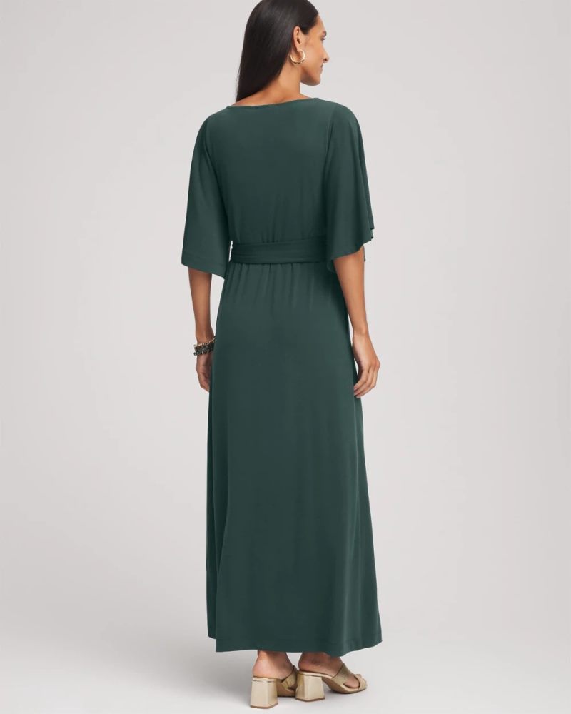 Chicos Belted Flutter-Sleeve Maxi Dress - DARKEST SPRUCE