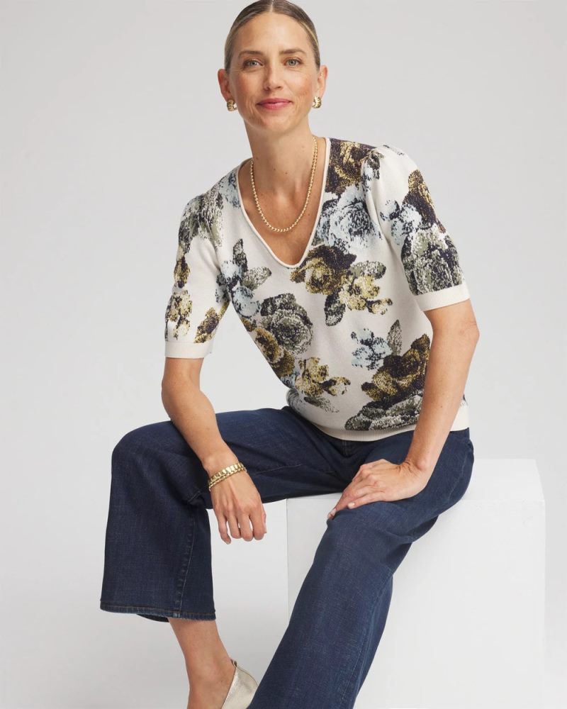 Chicos Floral V-Neck Sweater Tee - ENGLISH CREAM