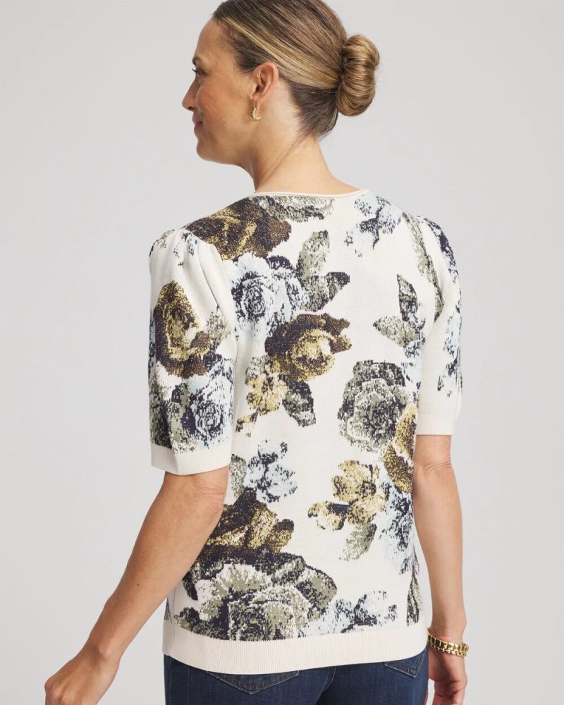 Chicos Floral V-Neck Sweater Tee - ENGLISH CREAM