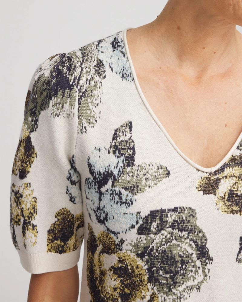 Chicos Floral V-Neck Sweater Tee - ENGLISH CREAM