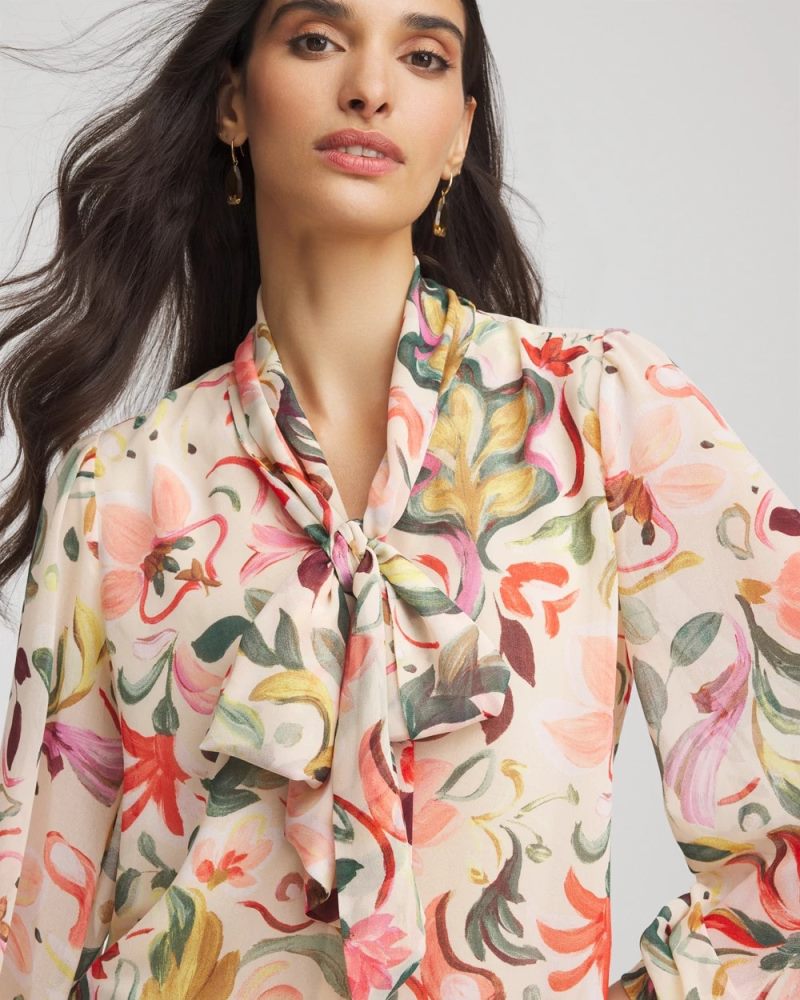 Chicos Floral Jacquard Tie-Front Blouse - CASHEW