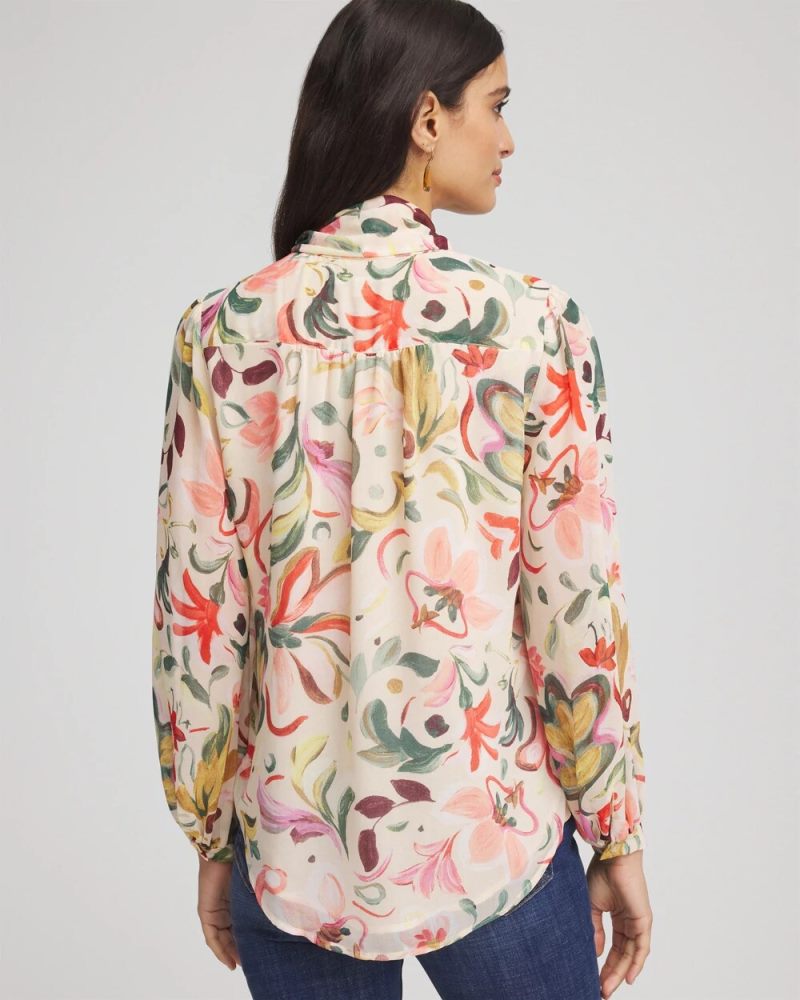 Chicos Floral Jacquard Tie-Front Blouse - CASHEW