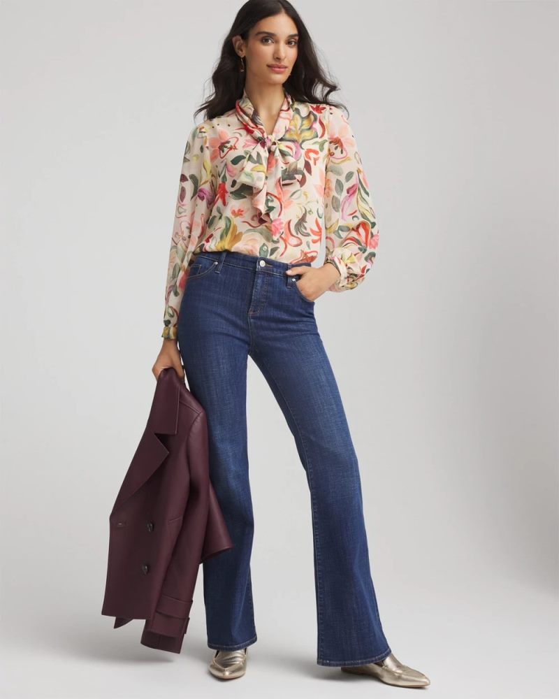 Chicos Floral Jacquard Tie-Front Blouse - CASHEW