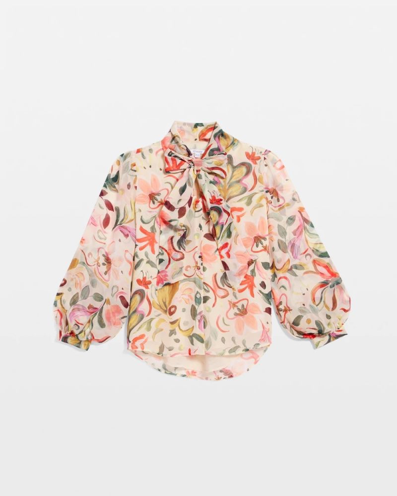 Chicos Floral Jacquard Tie-Front Blouse - CASHEW