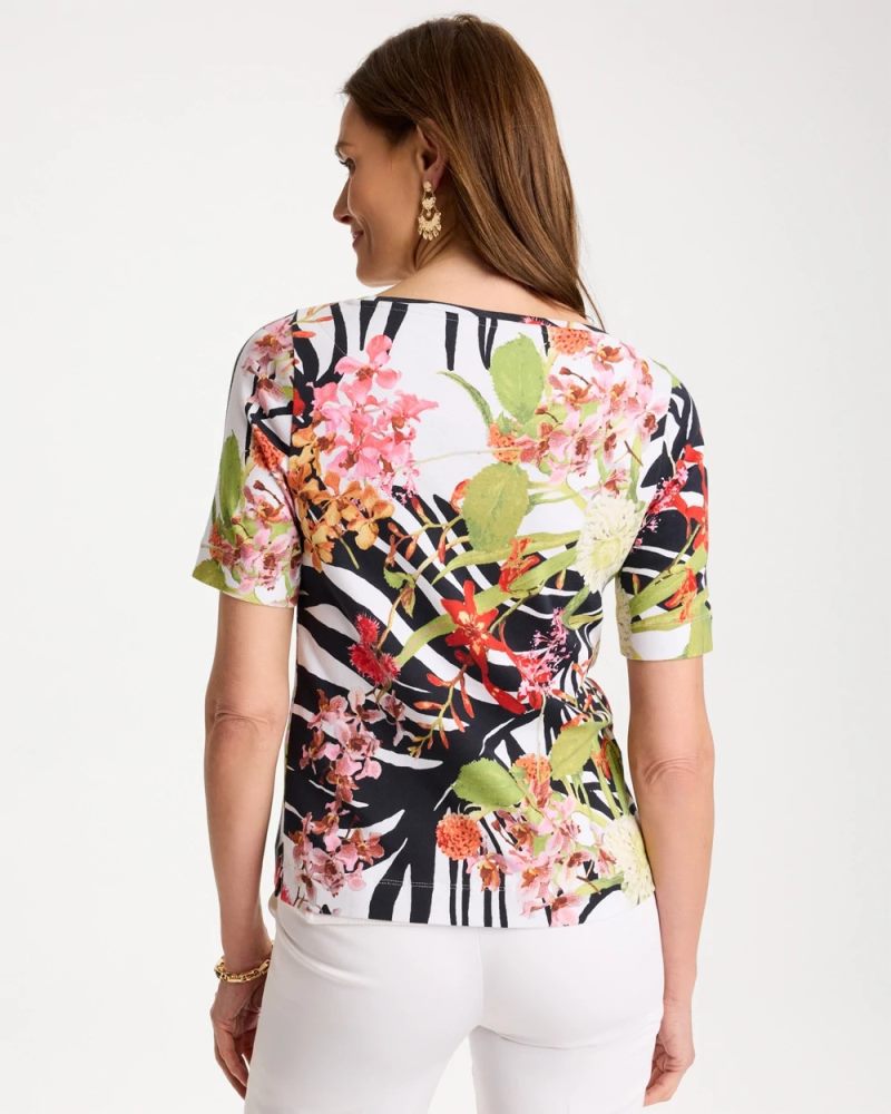 Chicos Tropical Nights Pima Elbow Sleeve Tee - BLACK