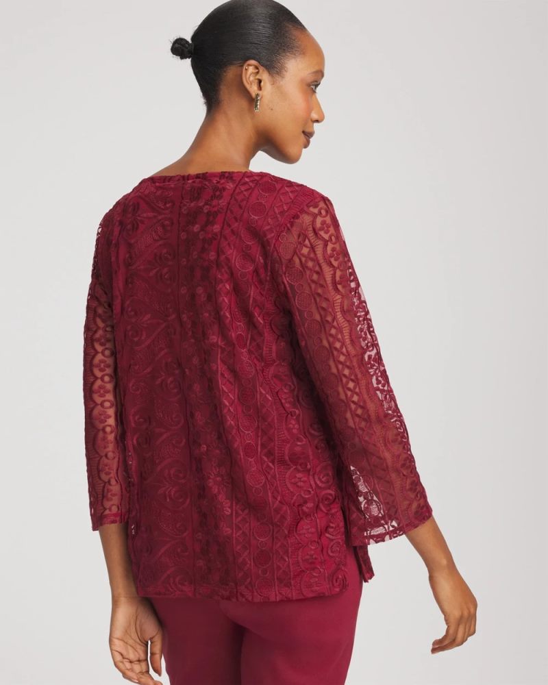 Chicos Embroidered Mesh Tunic Top - RUSSET RED
