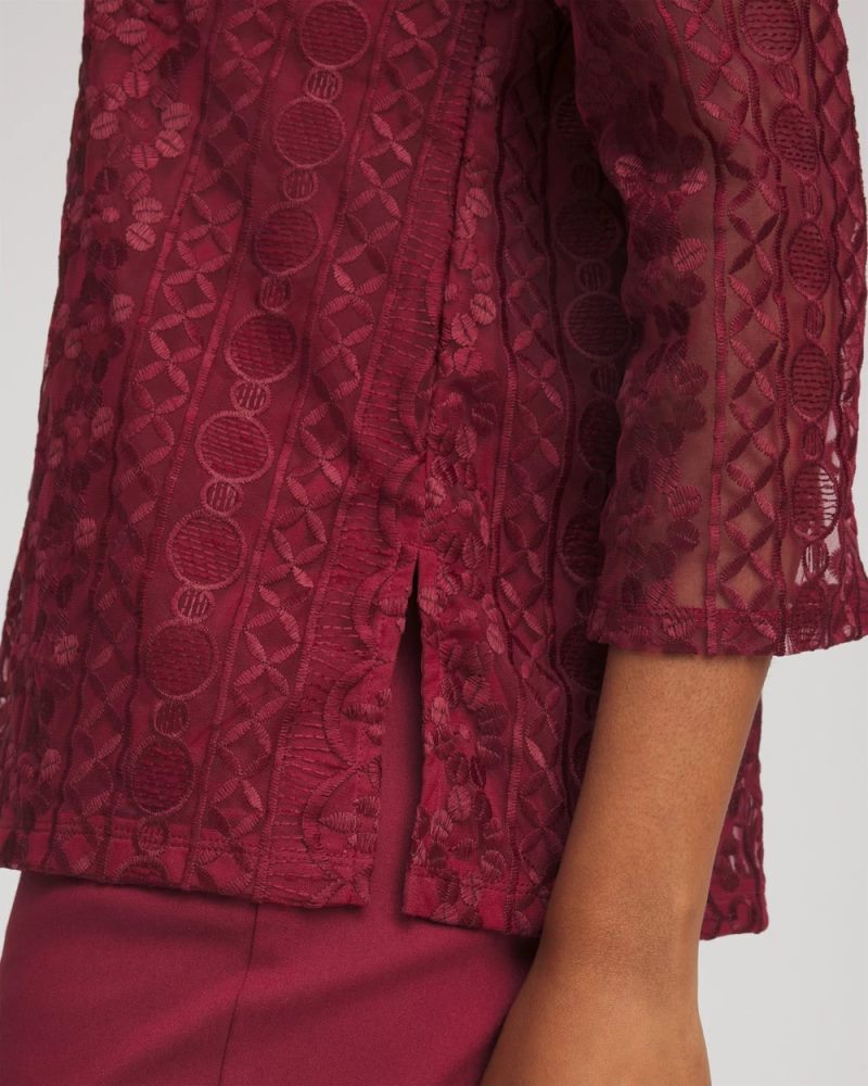 Chicos Embroidered Mesh Tunic Top - RUSSET RED