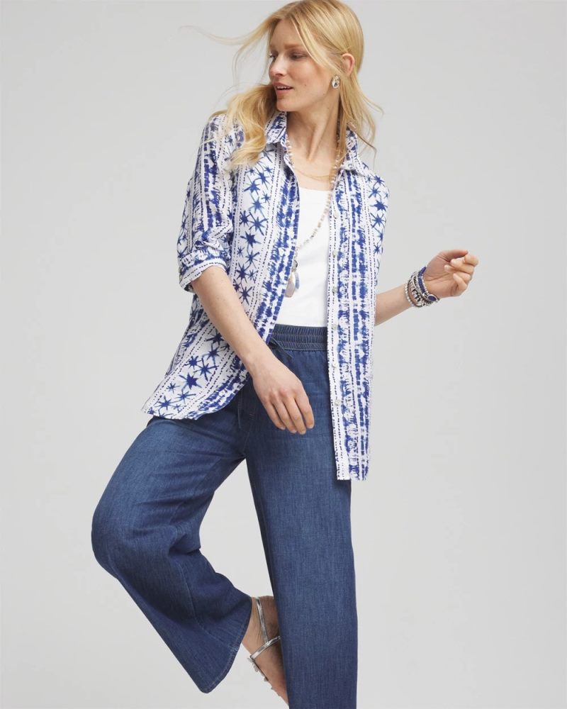 Chicos No Iron Star Print Linen Shirt - RICH COBALT