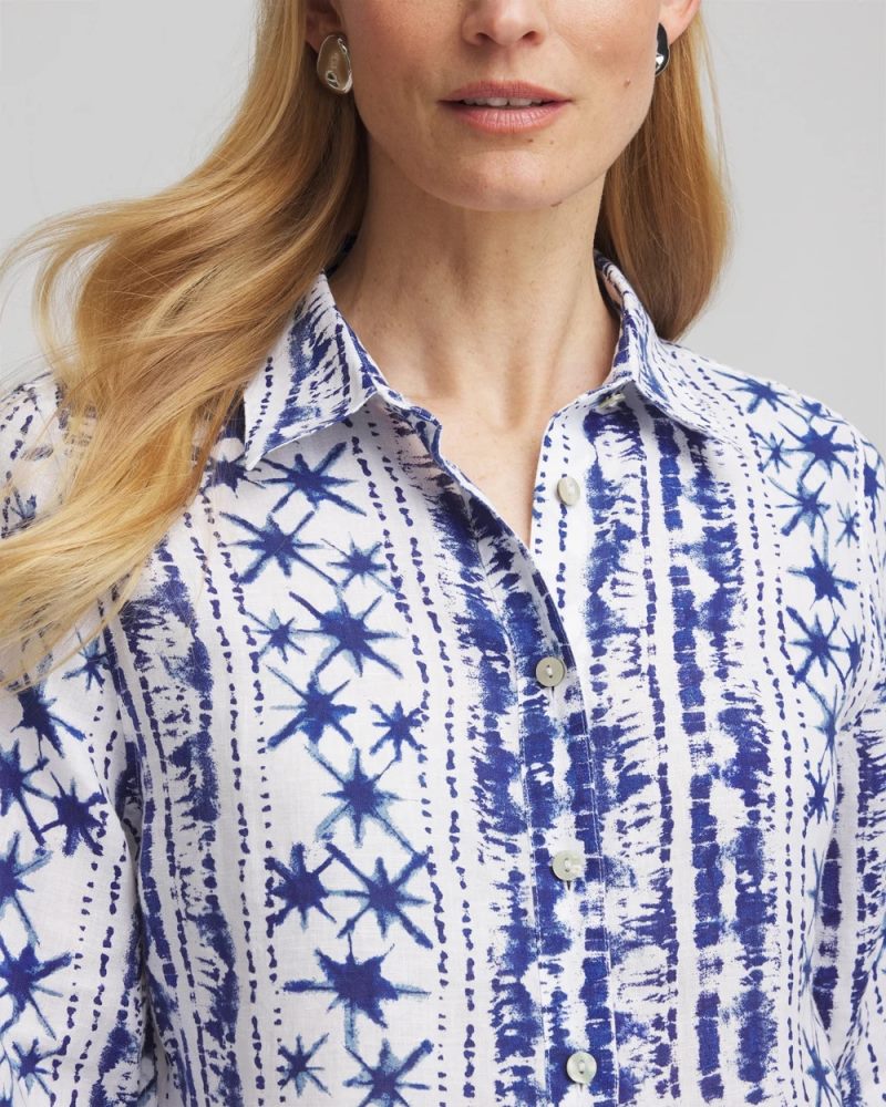 Chicos No Iron Star Print Linen Shirt - RICH COBALT