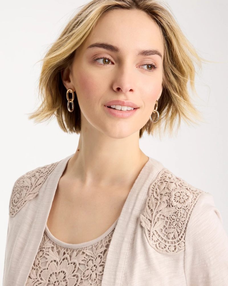 Chicos Embroidered Cotton Slub 3/4 Sleeve Cardigan - SMOKEY TAUPE