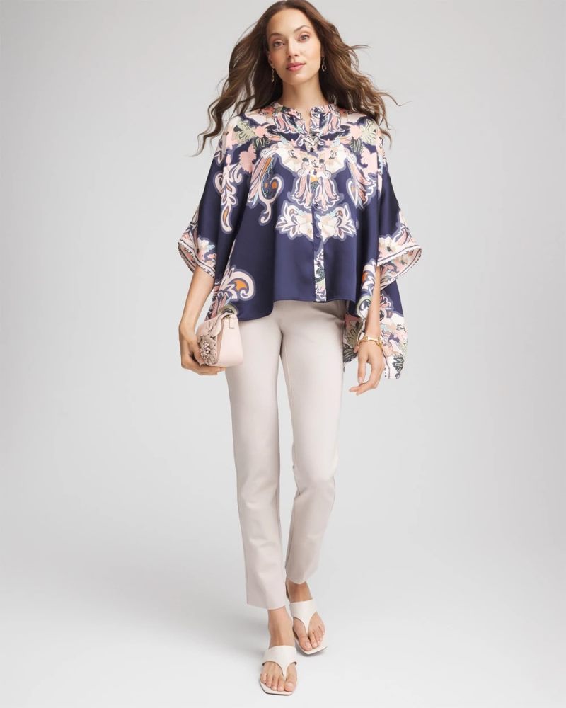 Chicos Collarless Floral-Paisley Poncho - PASSPORT BLUE