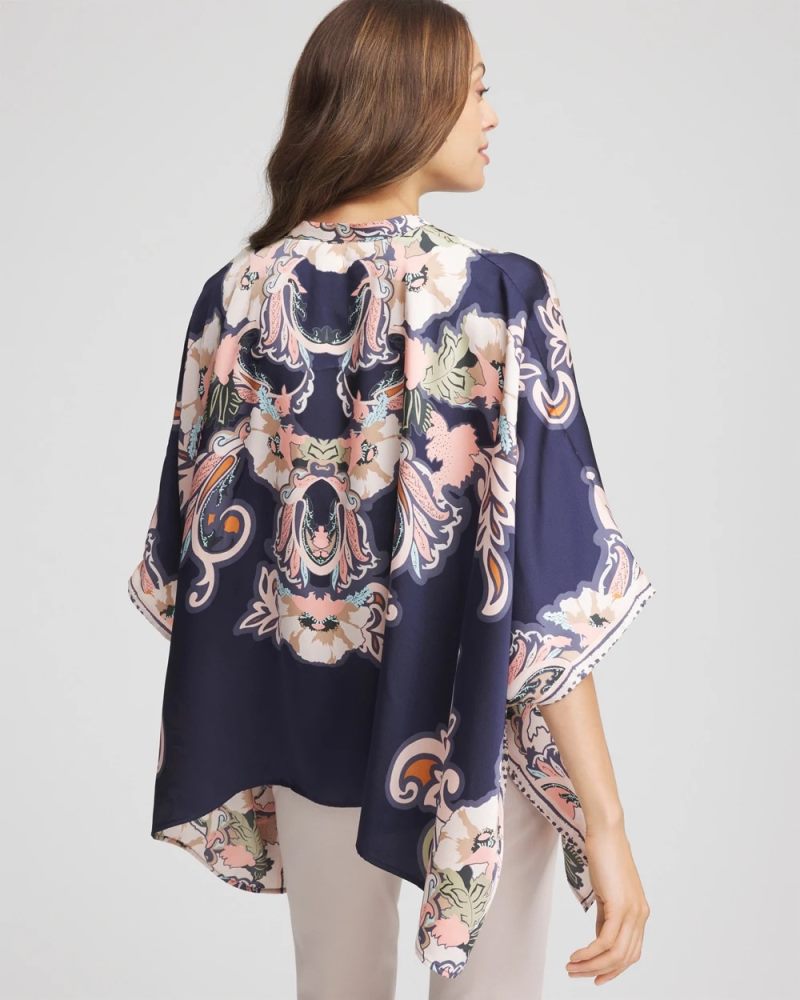 Chicos Collarless Floral-Paisley Poncho - PASSPORT BLUE