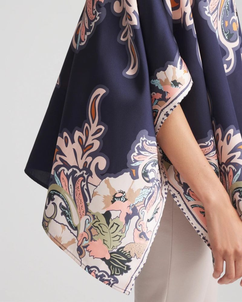Chicos Collarless Floral-Paisley Poncho - PASSPORT BLUE