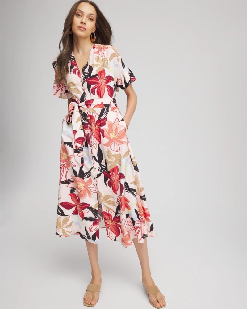 Chicos Tonal Floral Ruffle-Sleeved Midi Dress - MULTI