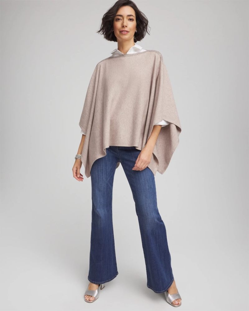 Chicos Rhinestone Embellished Poncho - LIGHT TAUPE HEATHER
