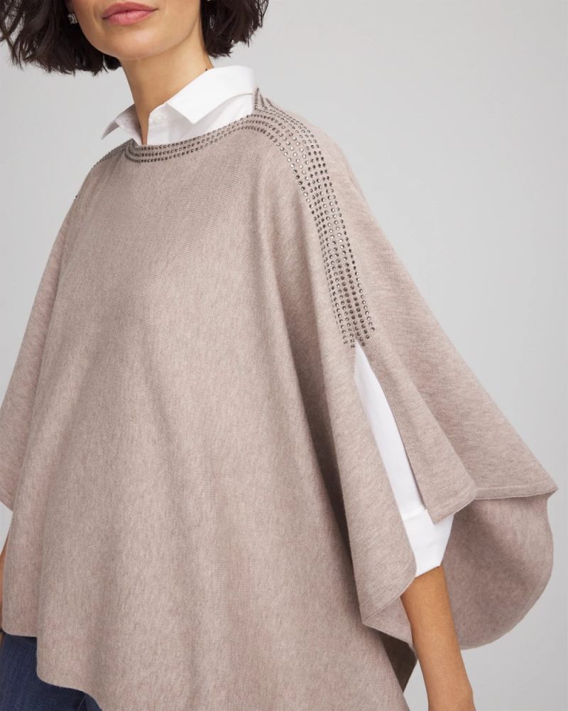 Chicos Rhinestone Embellished Poncho - LIGHT TAUPE HEATHER