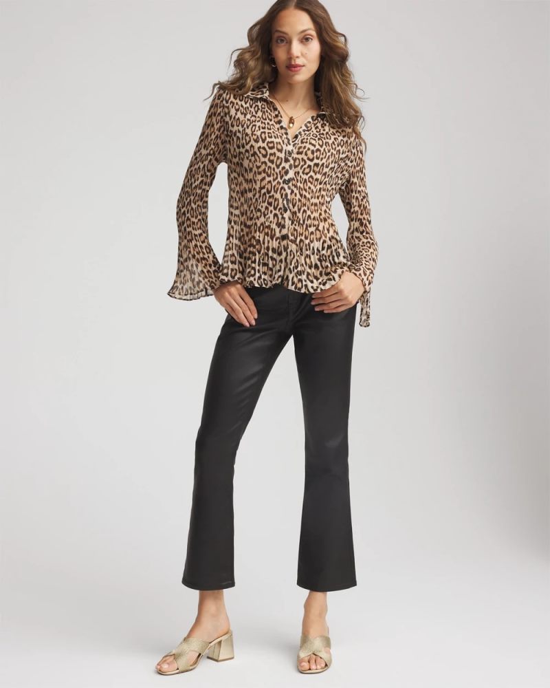 Chicos Animal-Print Pleated Georgette Blouse - BLACK