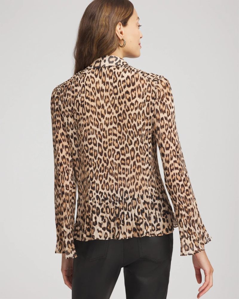 Chicos Animal-Print Pleated Georgette Blouse - BLACK