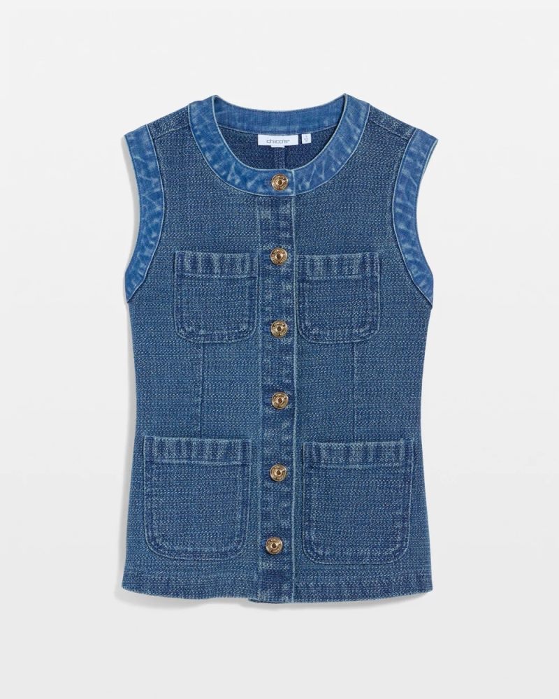 Chicos Tweed Mixed Denim Vest - MIST FLOWER INDIGO
