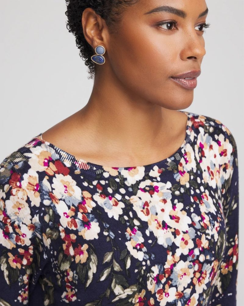 Chicos Ella Floral Bateau Pullover Sweater - PASSPORT BLUE