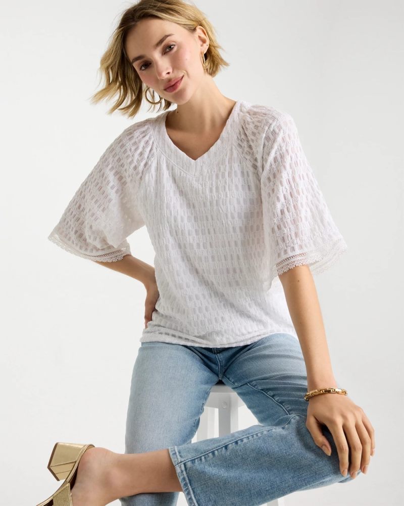 Chicos Crinkle Lace Knit Raglan Tee - ALABASTER