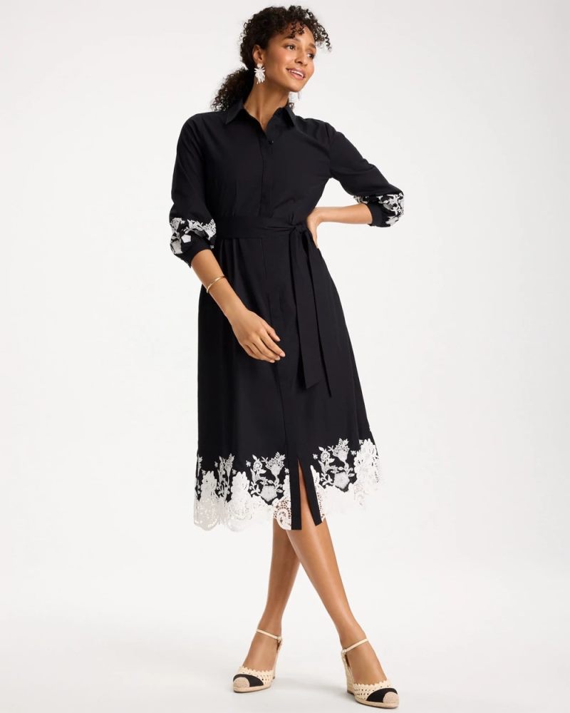 Chicos Cotton Lace Trim Shirtdress - BLACK