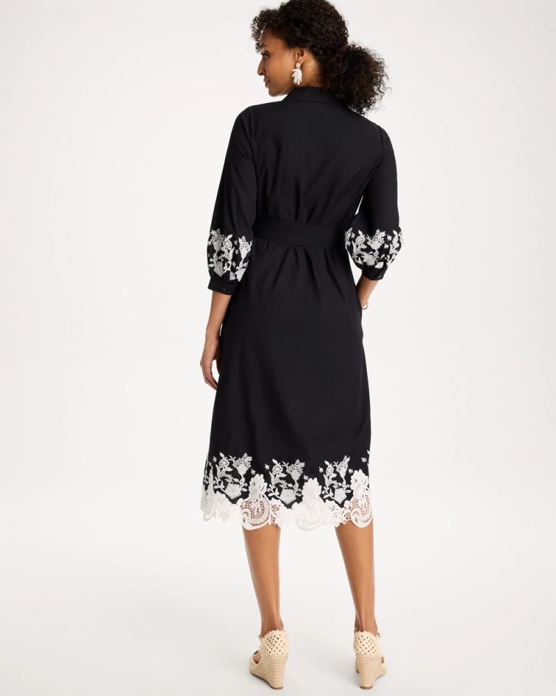 Chicos Cotton Lace Trim Shirtdress - BLACK