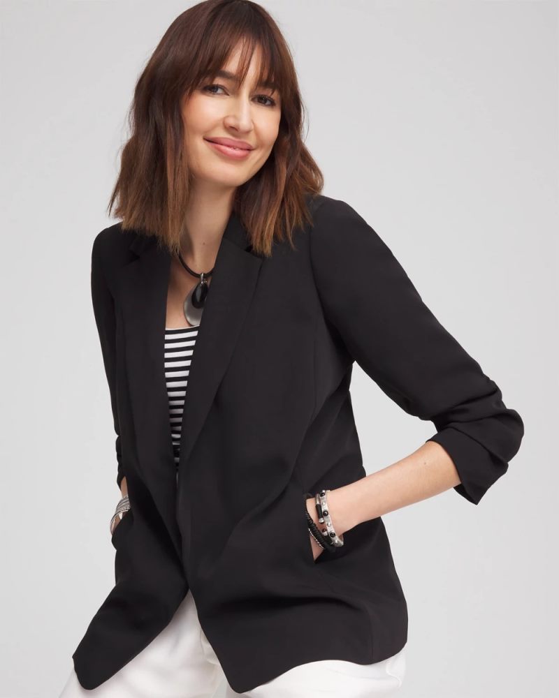 Chicos Notched-Lapel Ruched Sleeve Blazer - BLACK