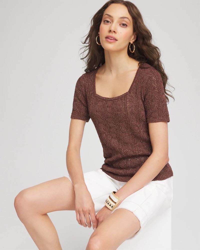 Chicos Pointelle Square-Neck Pullover Sweater - CACAO